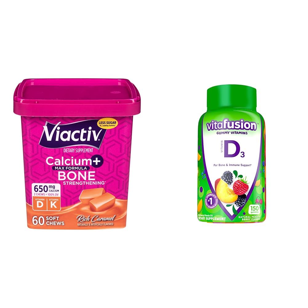 Viactiv Calcium +Vitamin D3 Supplement Soft Chews, Caramel, 60 Chews - Calcium Dietary Supplement & Vitafusion Vitamin D3 Gummy Vitamins for Bone and Immune System Support, Peach, BlackBerry