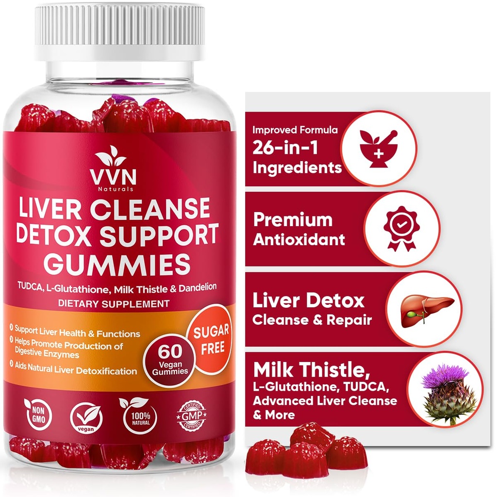 VVNaturals Sugar Free 26-in-1 Jetrna čistila Detox & Popravila Maščobna jetra Formula Gummies; 3000mg Mešanica glutationa, Silymarin mleko Thistle, Choline, TUDCA 