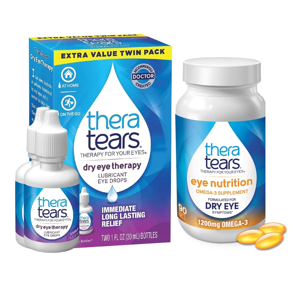 TheraTears 1200mg Omega 3 Dopolnilo za prehrano oči, in VIT E, 90 Count kapljice oči za suhe oči, Twin Pack, 30mL 1 Fl oz vsak (Packaging lahko Vary)