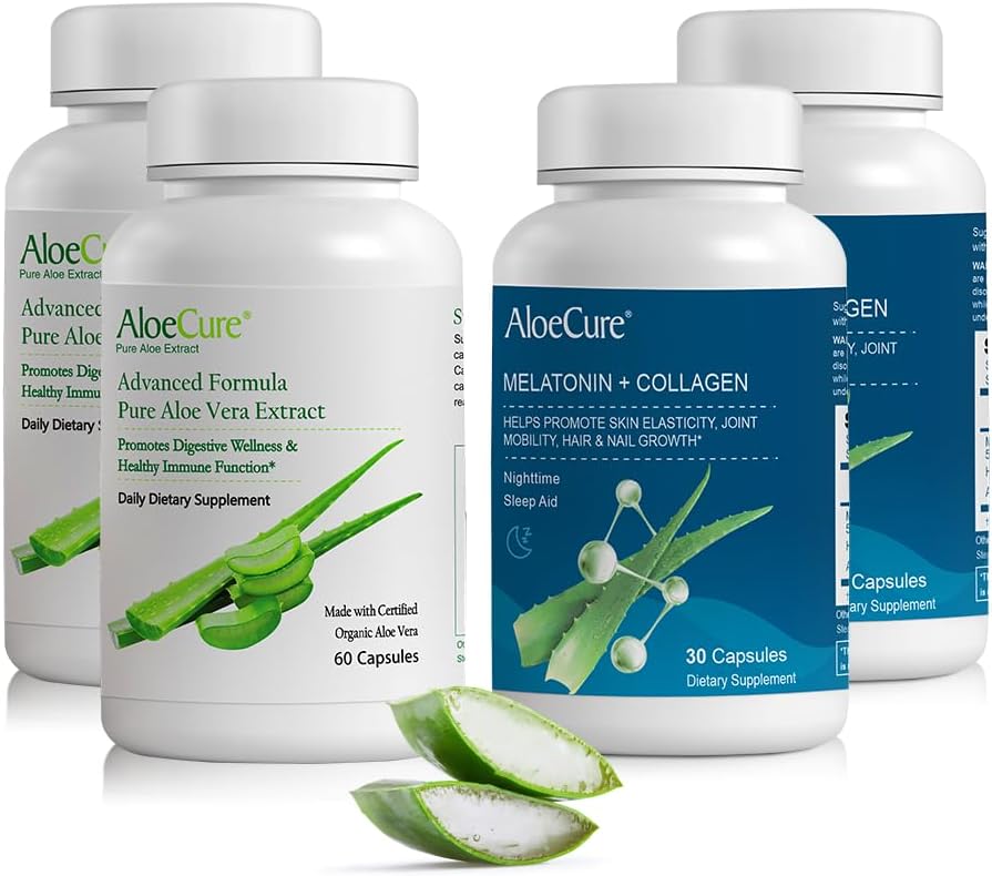 AloeCure Organic Aloe Vera Kapsule Pack - 4 kosov - 2 x melatonin + Collagen, 2 x Aloe Vera Kapsule