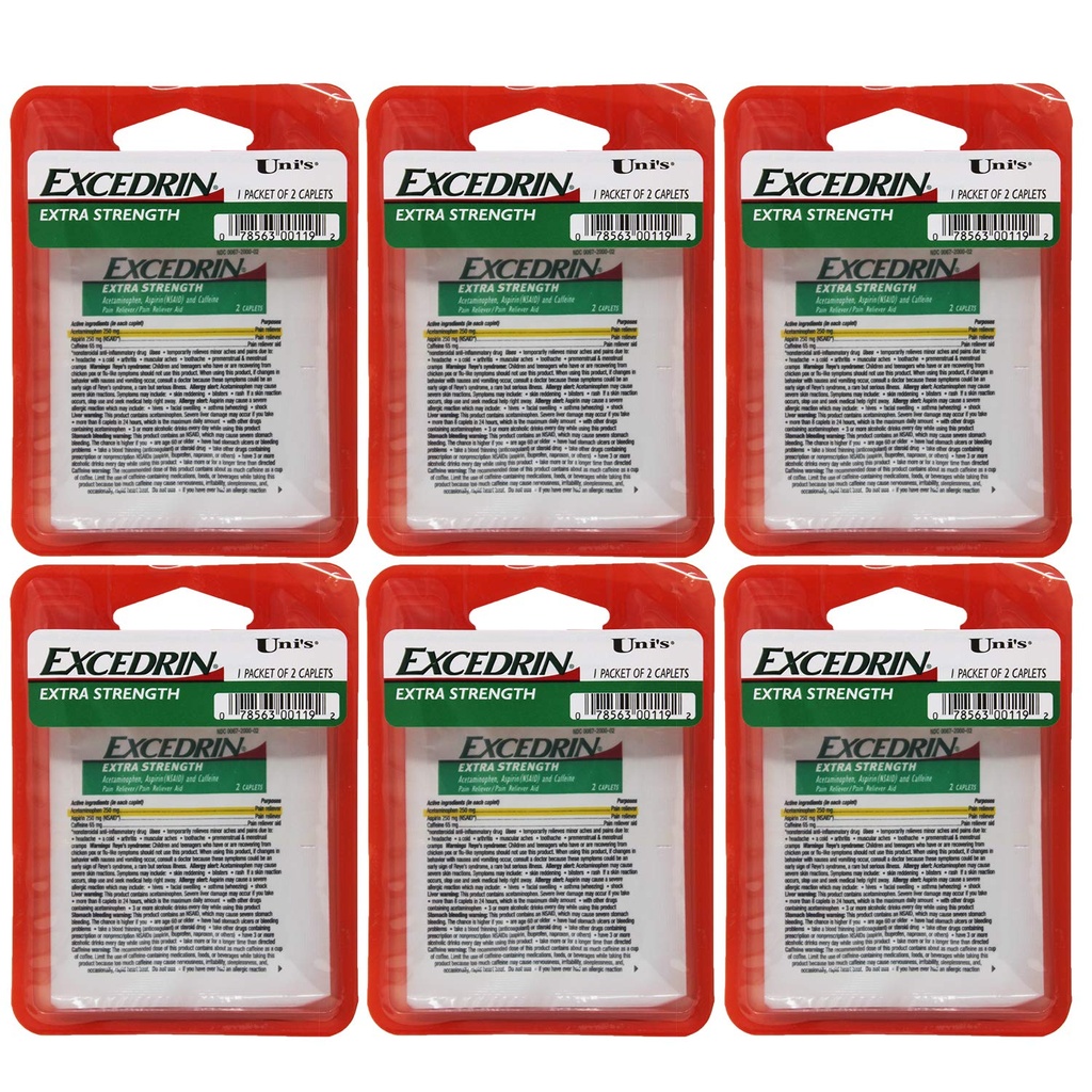 Unijeva Excedrin Extra Moč 6 Štetje Enkratni odmerek Relief 2 kaplji v vsakem pakiranju. Pomaga omili glavobol, zobobol, backache, menstrualne Cramps, skupni prehlad, in mišično bolečine.