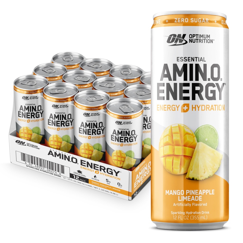 Optimum Nutrition Amino Energy Sparkling Hydration Drink, Elektroliti, Kofein, Aminokisline, BCAA, Brez sladkorja, Mango Pineapple Limeade, 12 Fl Oz, 12 Pack (Packaging May Vary)