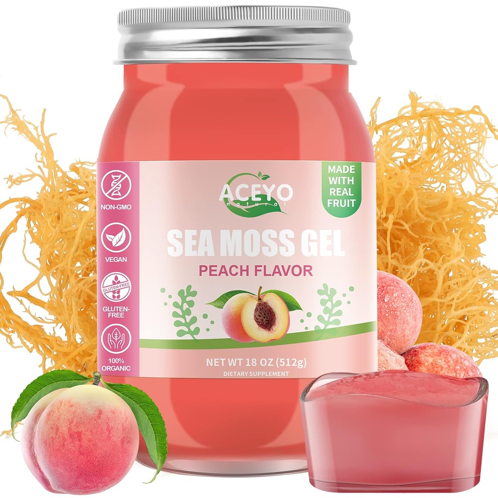 ACEYO (18 OZ) Irish Sea Moss Gel Organic Raw Vegan Peach Flavor 102 Vitamini in minerali Wild žetev ne-GMO imunodefense Booster Prebavna podpora za ščitnico