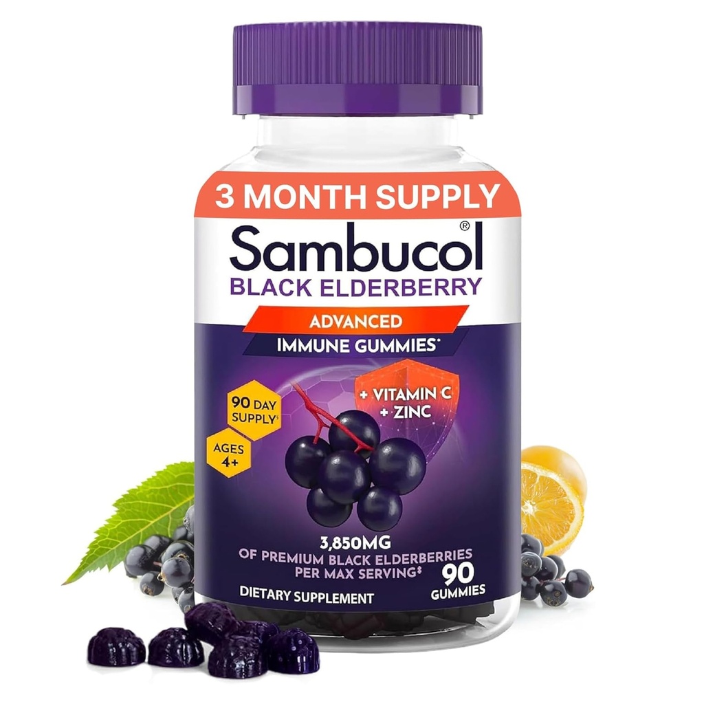 Sambucol Elderberry Gummies za odrasle z vitaminom C; cink; Sambucus Elderberry Gummies za imuno podporo z visokimi antioksidanti; Gluten prost; Vegan; 1 Gummy na serviranje; 90 Število (90 dnevna zaloga)