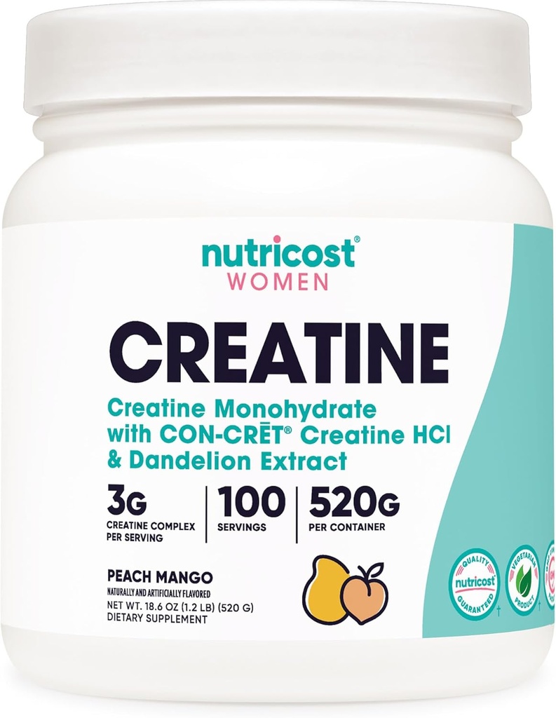 Nutricost Kreatin monohidrat v prahu za ženske, mikroniziran, breskov mango, 100 serviranja - vegetarijanski, ne-GMO, Gluten prost