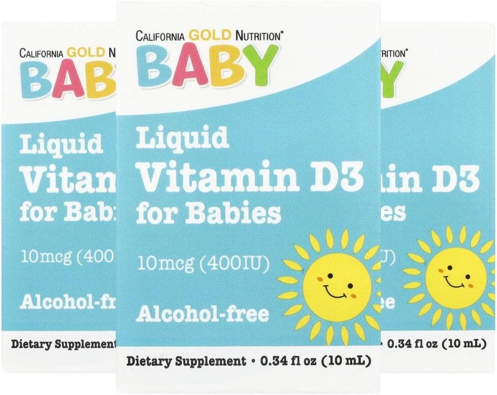 California Gold Nutrition Baby Vitamin D3 - Tekoči D3 dodatek za dojenčke, vegetarijansko prijazno - Razvojna podpora - Alkohol & Gluten Free, Non-GMO - 10 μg (400 i.e.) - 0,34 fl oz (10 ml), 3