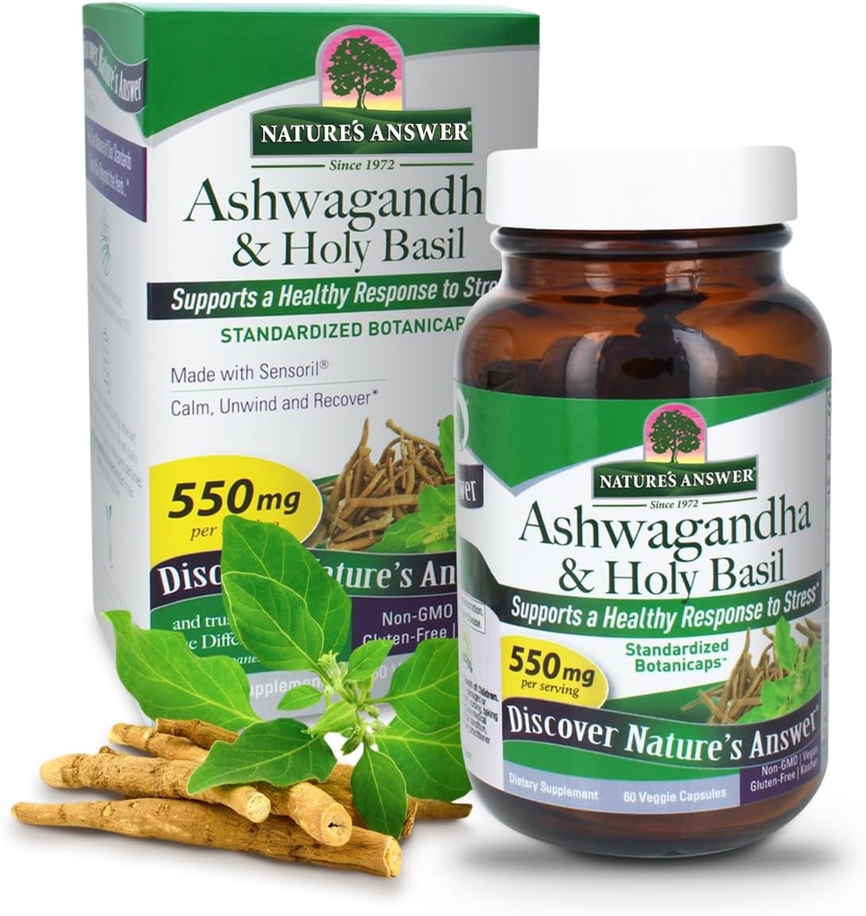 Naravoslovni odgovor Ashwagandha Root s svetim Bazilijem 60 Kapsule 
