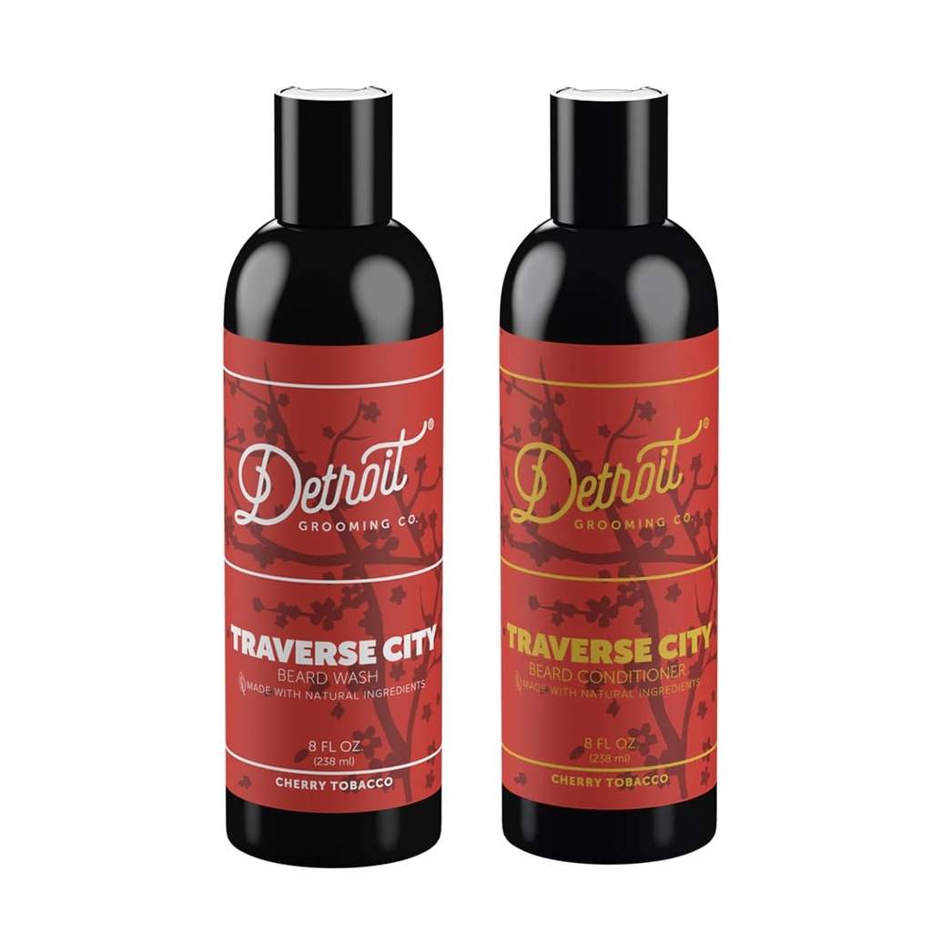 Detroit. Greoming Co. Beard Wash and Beard conditioner - Moški komplet - Mehkužci, Strongthens,Moisturize - Biotin-Infunded w/Argan Oil, Apple Extract, Aloe Vera - Cherry Tobacco Scent - Traverse City - 8oz