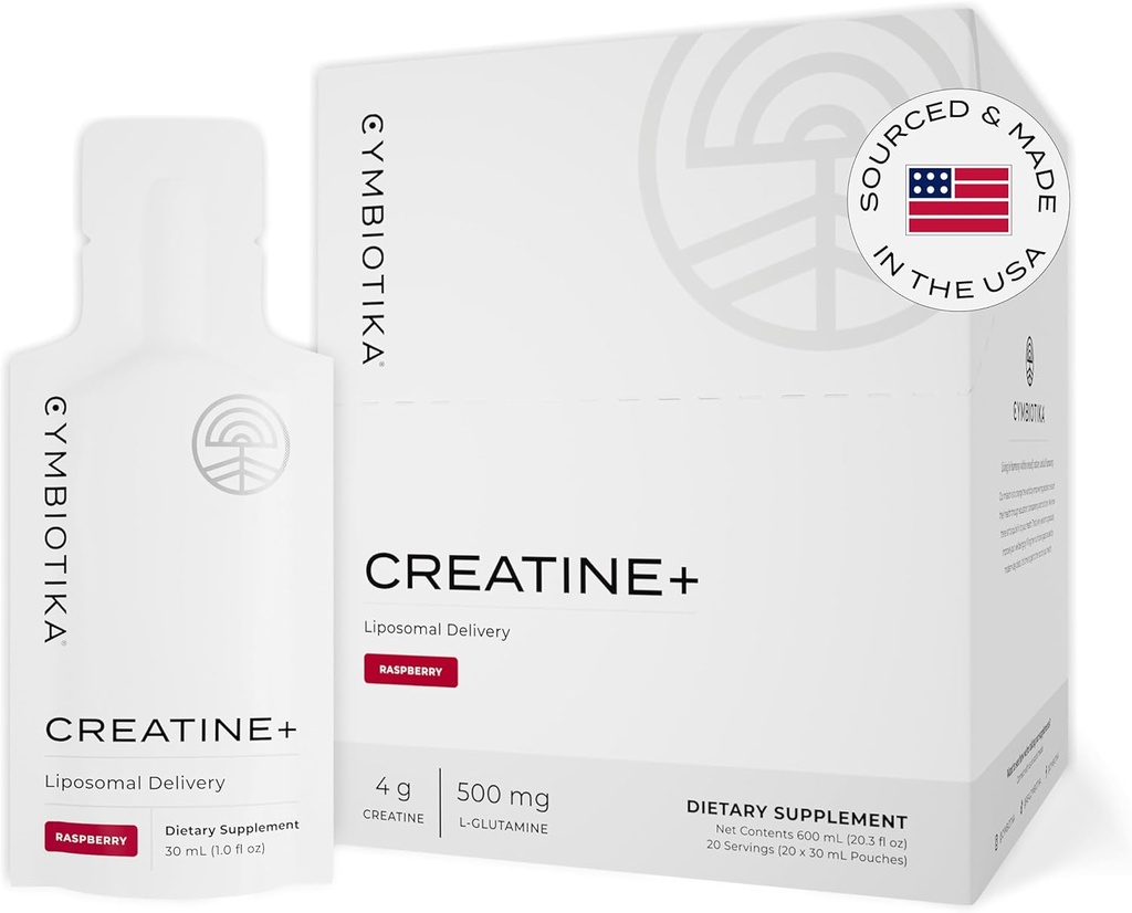 CYMBIOTIKA Creatine+, Kreatin in glutamin dopolnilo za Amino energijo, regeneracijo, mišično maso in podporo možganov, liposomska dostava, Gluten Free & Vegan, Raspberry Flavor - 30ml vrečke (Pack of 20)