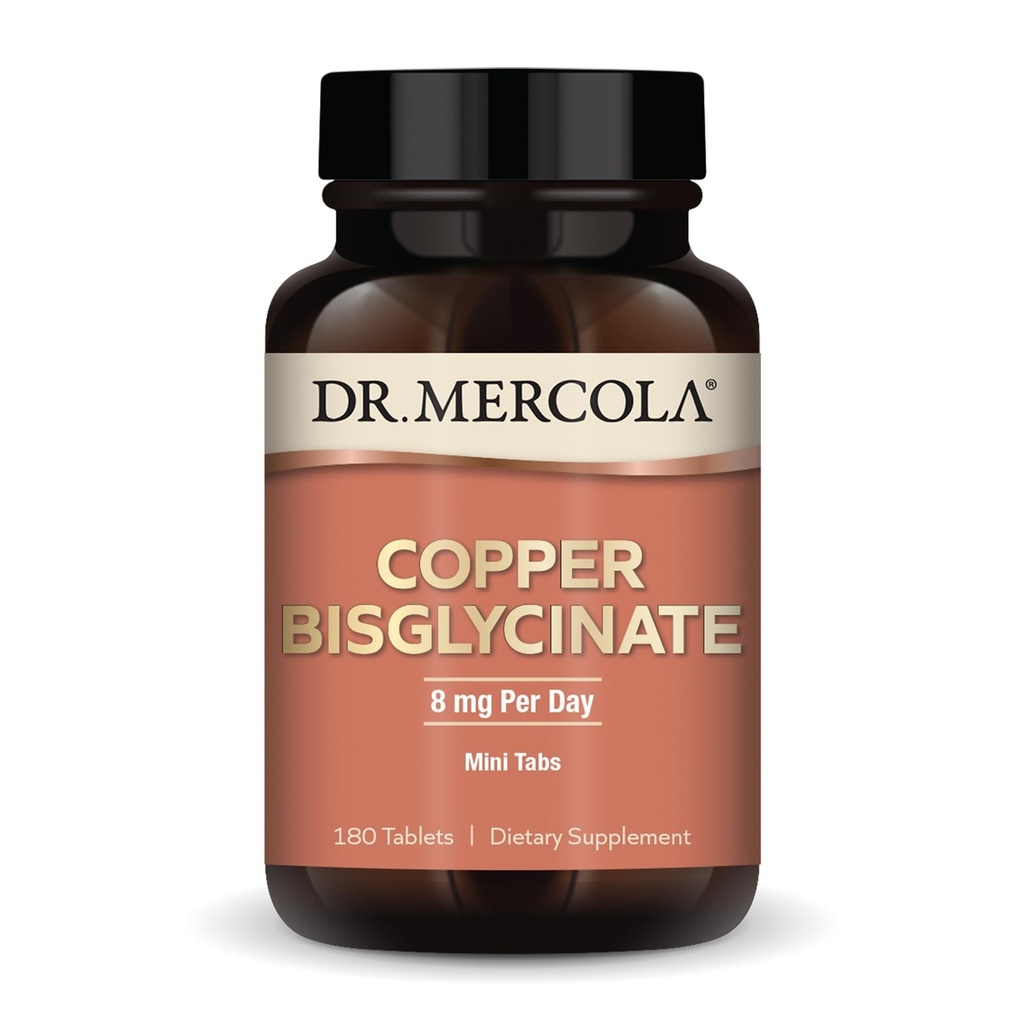 Dr. Mercola Copper Bisglicinat, 90 Serving (180 tablet), Prehranske dopolnila, 8 mg na dan, Mini Tabs, Podpira splošno zdravje, Ne GSO