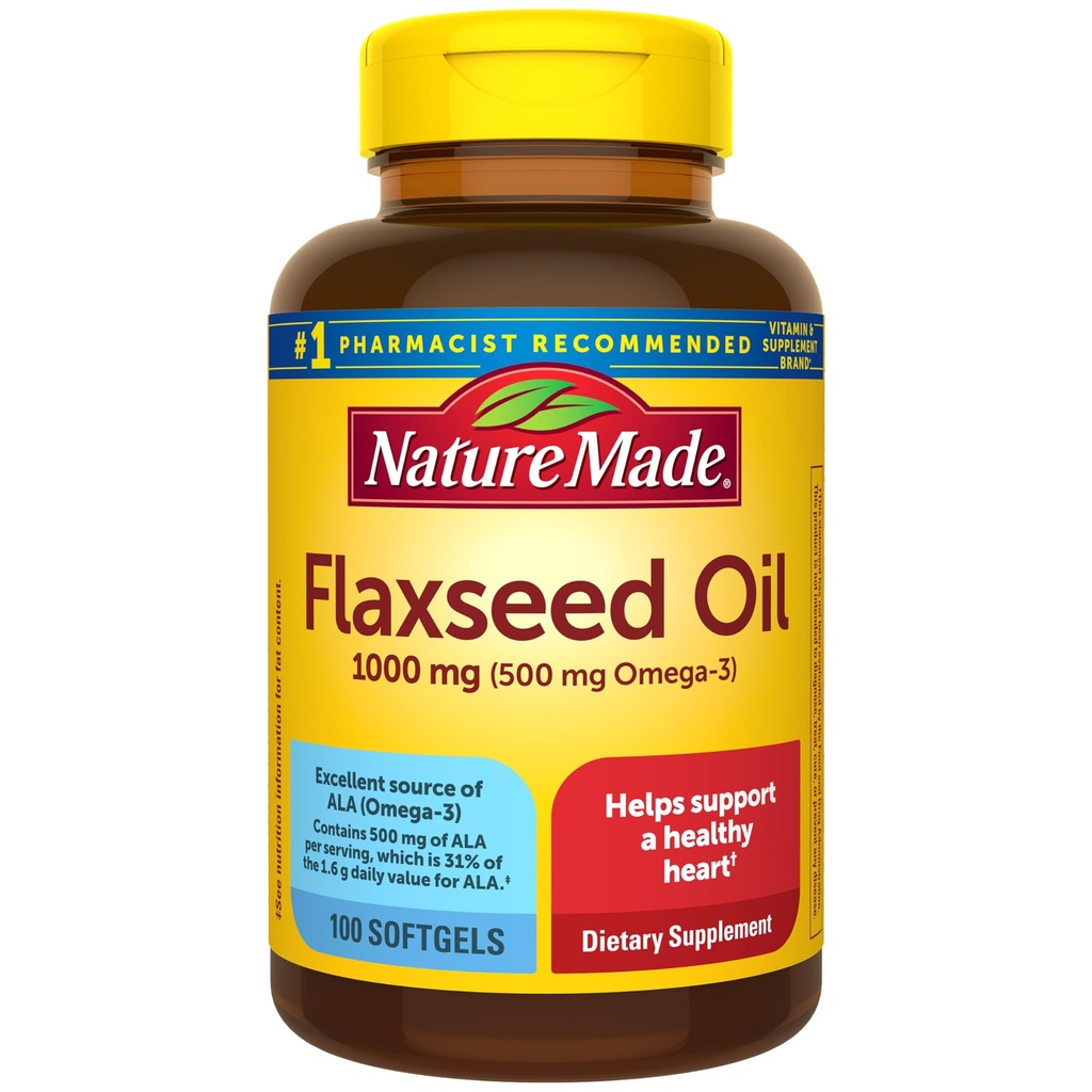 Nature Made Laneno olje 1000 mg, Fish Free Omega 3 dodatek, prehranska dopolnila za zdravje srca, 100 Softgels, 100 dnevna dobava