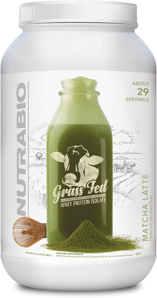 NutraBio Grass Fed Whey Isolate Protein Powder - 25G beljakovin na Scoop - Sugar Free Natural Lean Muscle Protein Supplement - Matcha Latte - 2 funta, 29 serverjev