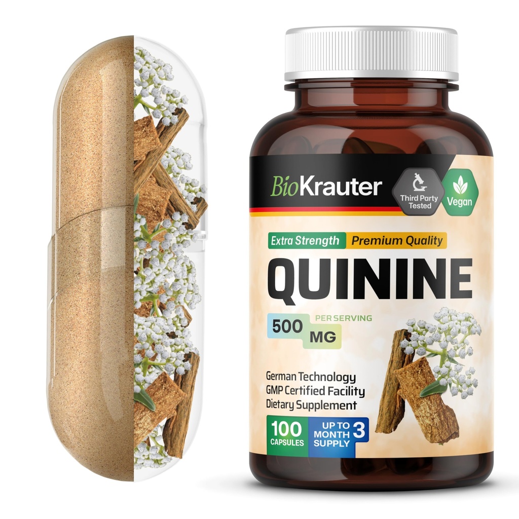 BIO KRAUTER kinin za kratice za noge Kapsule 500 mg - 100 Cinchona Bark prašek - kininske kapsule - veganske, brez polnil