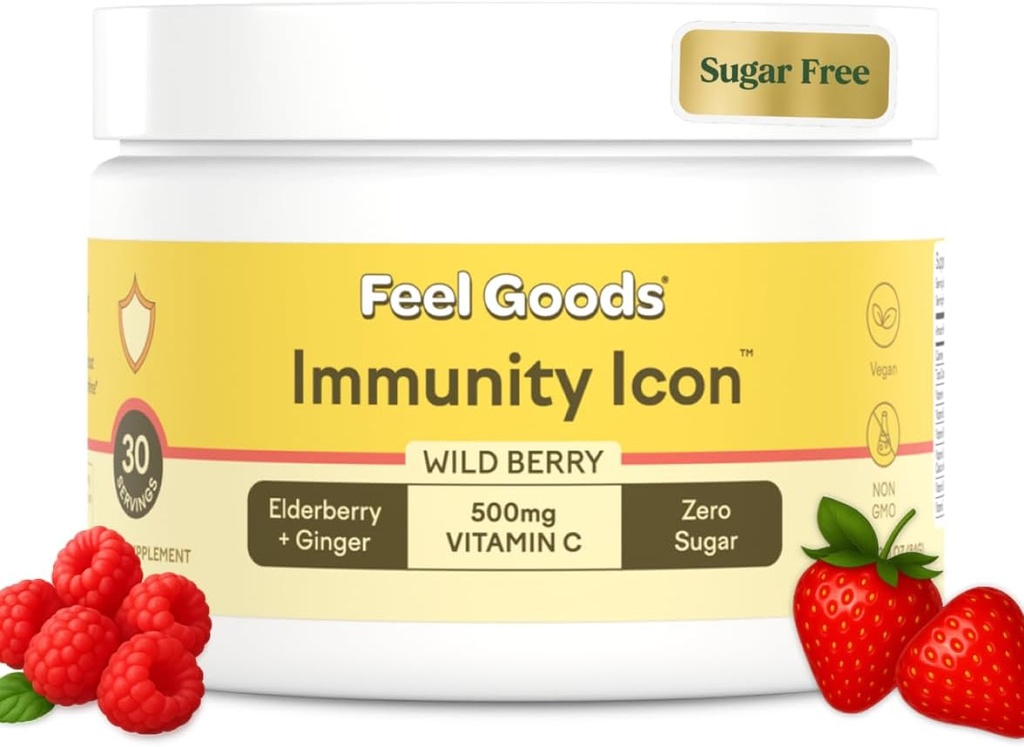 Ikona immunitete, nič sladkorja, vitamin C, A, B, D, E & cink, organska jagoda, Ashwagandha, pijača v prahu, vegan, ne gensko spremenjeni organizmi, kofein & gluten brezplačno 