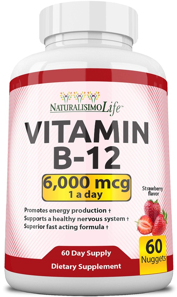 NaturalisimoLife Vitamin B12 6.000 mcg – Hitro raztapljanje jagodne arome – 60 Nuggets, Non-GMO, Vegan, Gluten Free