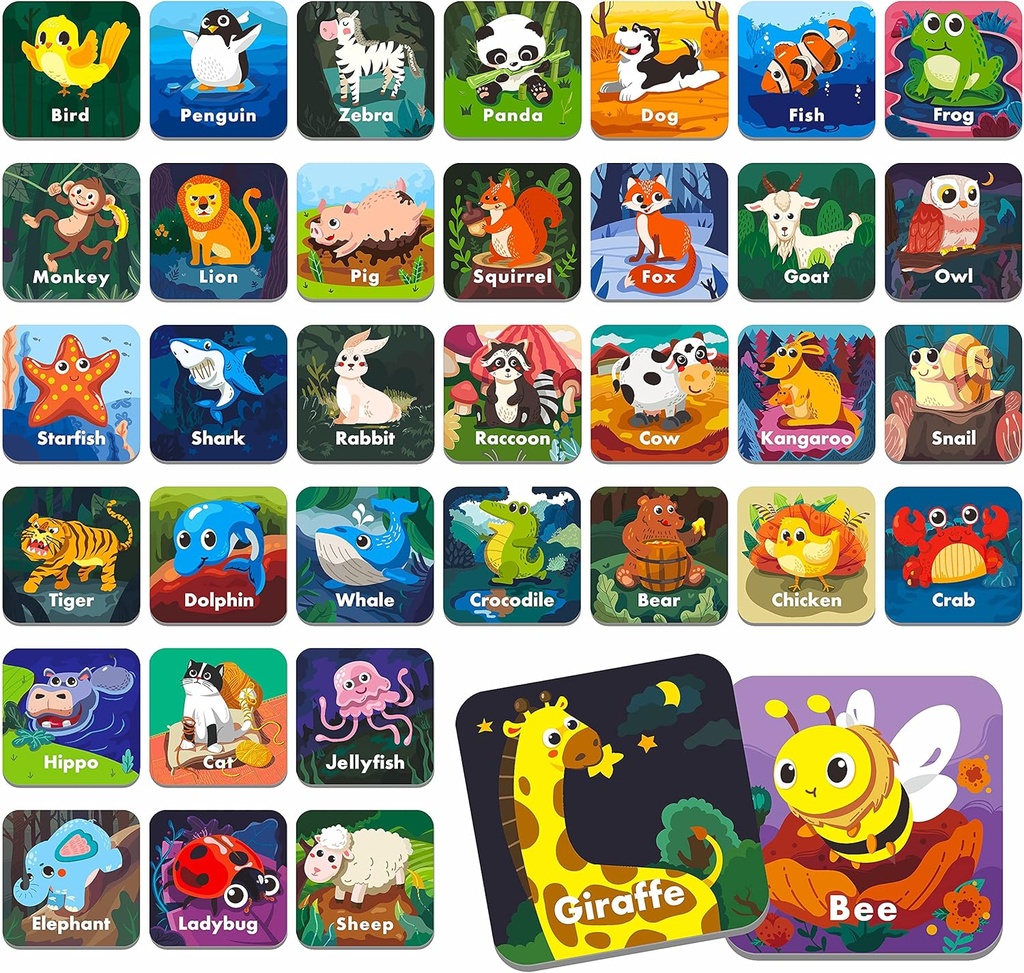 Hebayyy 36 Par živali ujemanje spomin igre Flash kartice za Toddlers, vrtec, vrtec in dom. Izbrisano, zabavno & hitro, Potovanja prijazno, spretnost stavbe. Velikost 2” x 2” (5 x 5 cm)