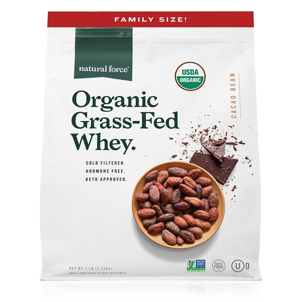 Natural Force Whey Protein Powder – Čokolada, 5 lbs – Grass Fed Organic, Pure, Keto & Paleo prijazno, Nizki ogljikovi hidrati, Košir, Non GSO – Family Size A2 Protein