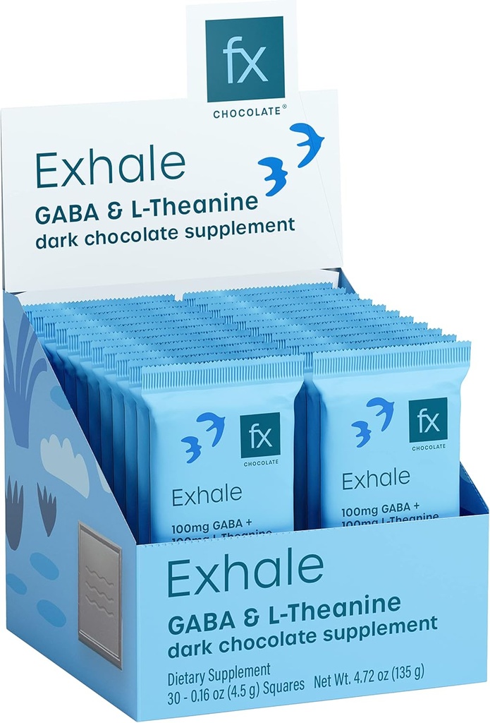 Fx Chocolate Exhale - Sproščujoče čokoladni dodatek za podporo Calm + Stress Response - Sladkor Free Cacao s 100mg GABA + 100mg L-Theanine - Keto Dark Chocolate - Vegan + Non-GMO (30 kosov)