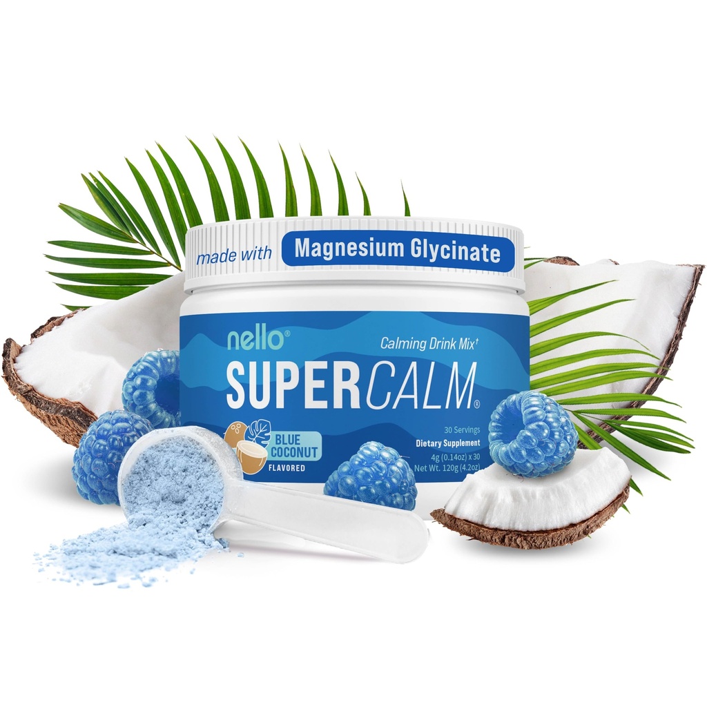 Nello Supercalm v prahu mešamo, Blue Coconut, L Theanine, Ksm-66 Ashwagandha, Magnezijev glicinat, Vitamin D 3, Dodatki za sprostitev in fokus, Brez sladkorja, Non GSO, On the Go, 30 Srvgs