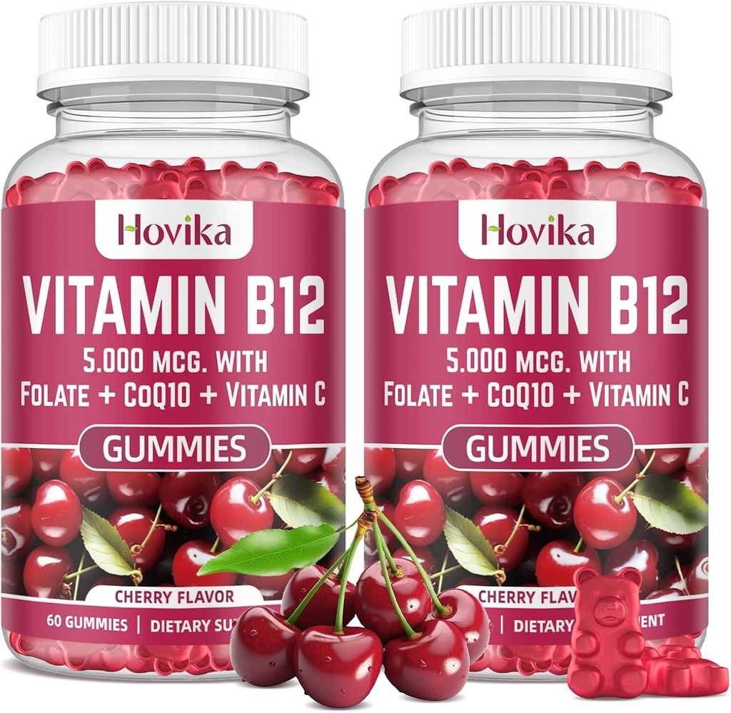 Vitamin B12 Complex 5000 μg metil B12, Adenosyl B12 & hidroksi B12, s koencimom Q10, folat, vitamin C, žvečljiv B 12 za energetsko podporo, presnovo, zdravje kosti - češnjeva aroma, 2 pakiranji