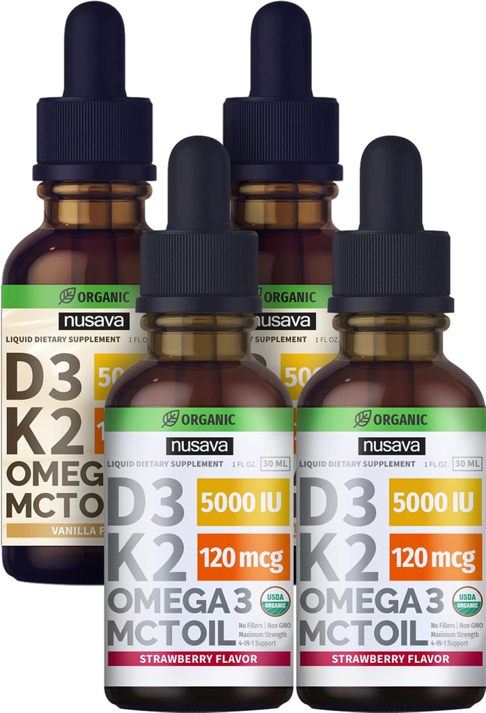 Jagoda NUSAVA z okusom D3 K2 tekoče kapljice in vanilije z okusom D3 K2 tekoče kapljice – močni tekoči vitamini za srce, sklep, kosti, mišice, in imunske podpore - ne-GMO, Gluten-free, 2pk vsak