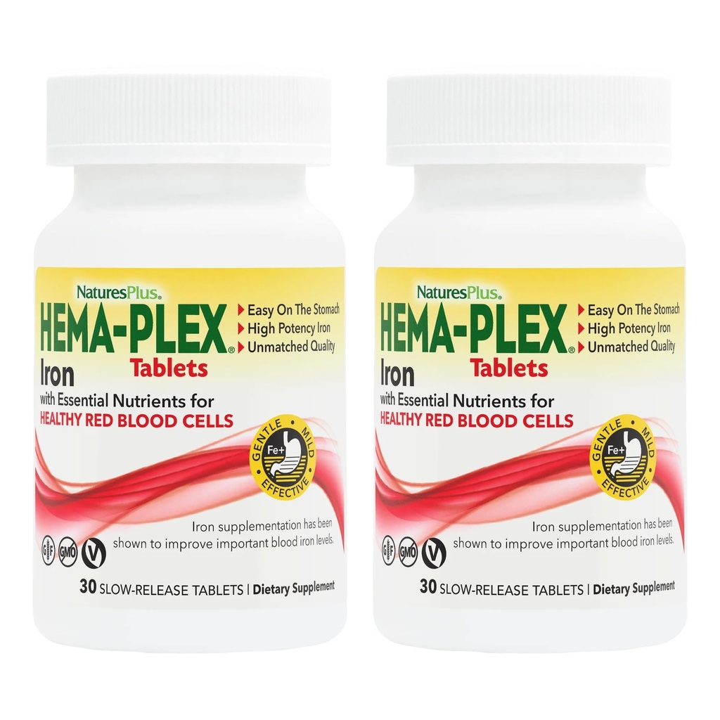 NaturesPlus hema-plex železo - 30 tablet s počasnim sproščanjem, pakiranje po 2 - Zdravje celotne krvi - 85 mg kelirano železo - z vitaminom C in bioflavonoidi - brez GSO, brez vegetarijancev in glutena - 60 skupnih servacij