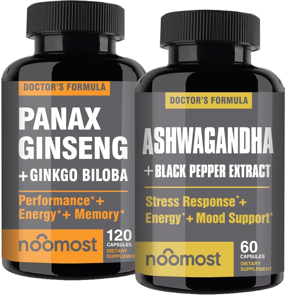 NooNajbolj avtentična korejska rdeča Panax ginseng + organska Ashwagandha z Ginkgo Biloba & črna paprika