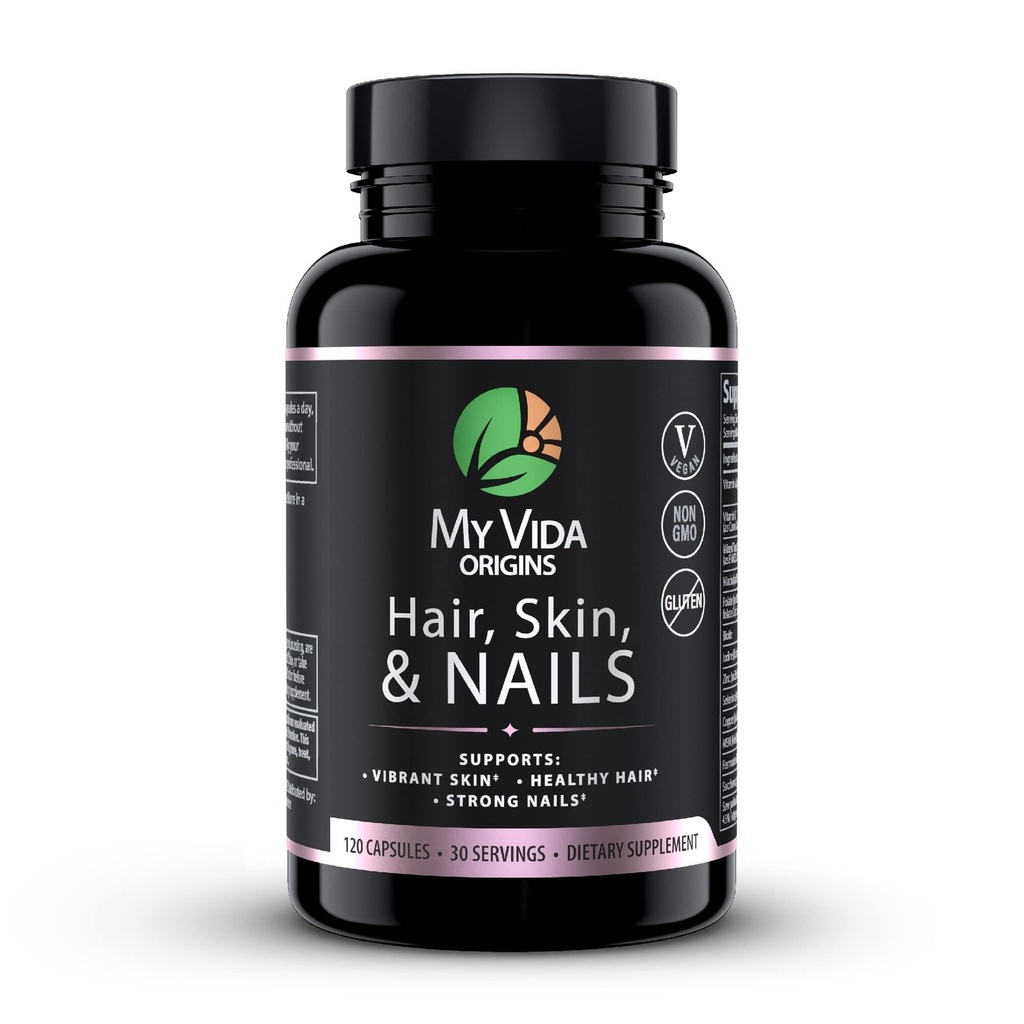 My Vida Origins Hair Skin and Nails | Thicker Hair, Stronger Nails, Vibrant Skin | Supports Natural Beauty | Zinc, Biotin, Vitamin E | Vegan 120 Capsules 1 Month Supply