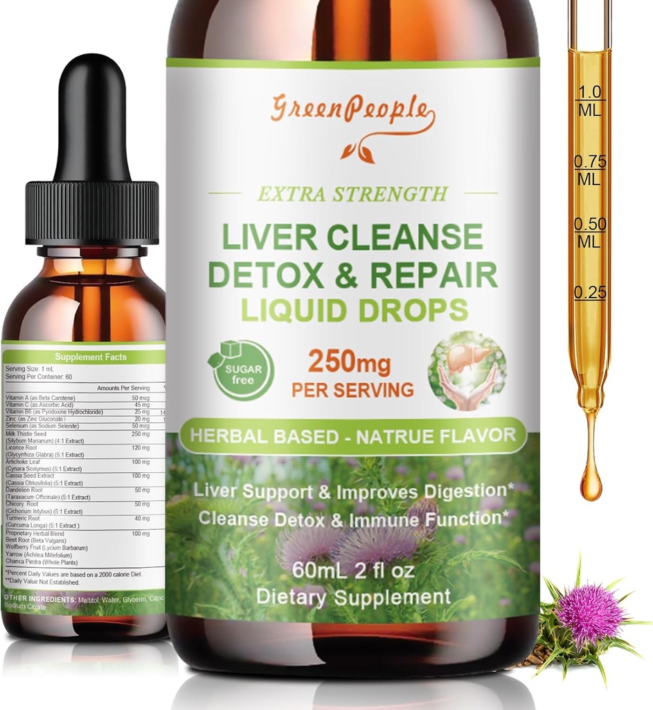 GREENPEOPLE Jetrna čistila Detox in popravila Kapljice - Jetrna dopolnila w/mlek Thistle Silymarin, Artichoke & Dandelion za jetrno razstrupljanje & Podpora- 16x Močni zeliščni hranilniki - 2Fl Oz Natural Flavor