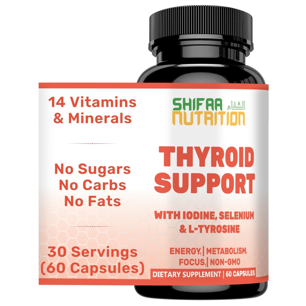 SHIFAA NUTRITION Halal Thyroid Support 30 Servings | Non-GMO Relief Supplement w/ B12, Iodine, Selenium, L-Tyrosine | Supports Energy, Metabolism, Focus, Clarity, Cortisol Balance