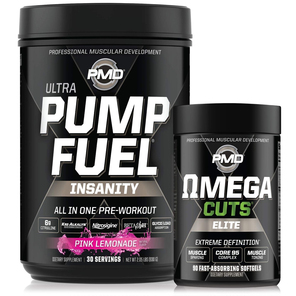PMD Sports Ultra Pump Fuel Insanity - Pre Workout – Roza limonada (30 strežb) Sports Omega cuts Elite Termogene Fat Burner (90 Softgels)