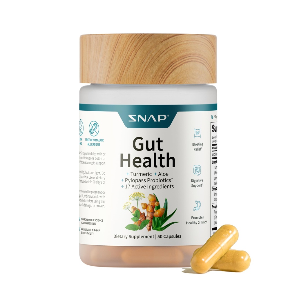 SNAP Gut Health Supplement – Kurkuma, Aloe & Pylopass probiotiki – 17 Aktivne sestavine za hropenje, Prebavna podpora in zdravo GI Tract – prehranska dopolnila, 50 kapsul