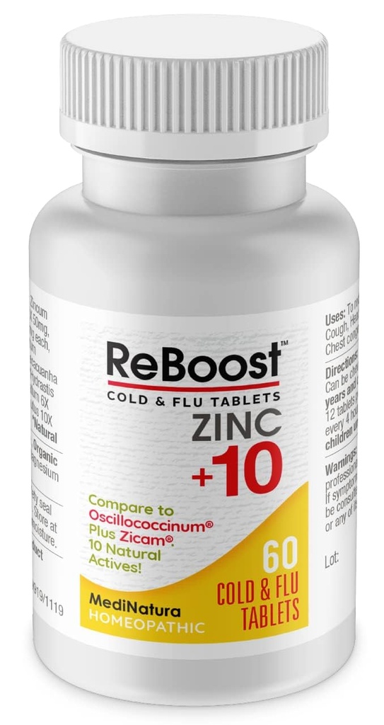 MediNatura ReBoost Cink +10 MAX Cold & Flu Simptom Relief hitrodelujoče, neudobno naravno pomirjajoča homeopatska pomoč lajšanje neugodja celega telesa, kašelj, utrujenost, prebavne motnje - limona - 60 tablet