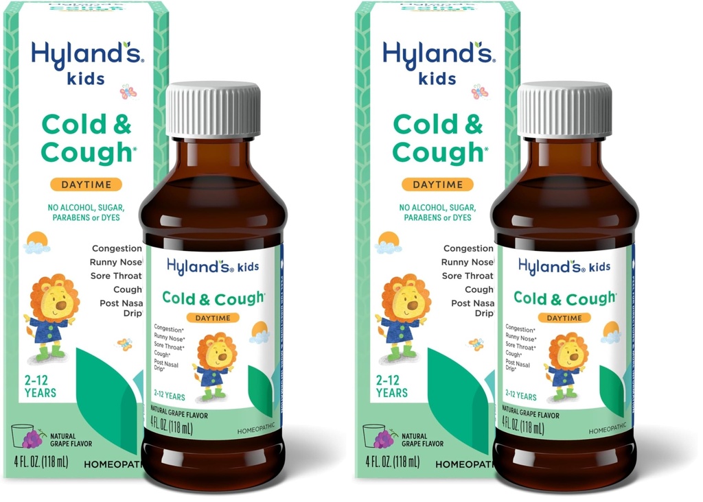 Hyland's Naturals Kids Cold & Cough, Daytime Grape Flavor Cough Syrup Medicine za otroke starosti 2+, Dekongestiv, boleče grlo in alergija Relief, Naravno zdravljenje za običajne hladne simptome, 4 Fl Oz