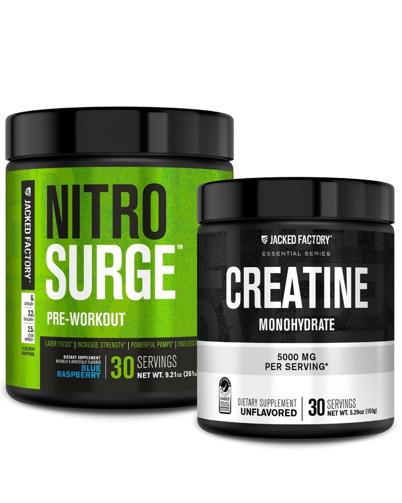 Jacked Factory NITROSURGE Pre Workout dodatek (modra malina) Kreatin monohidrat v prahu 150g za rast mišic, Povečana moč, Povečana energija