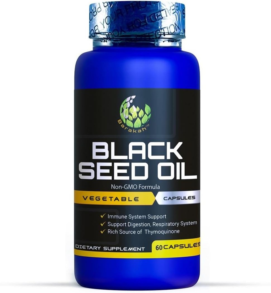 Kapsule črnega olja, ne-GMO, Vegan, Halal, hladno prezentiran, Premium kakovost, 100% Tekoča čisto črnosemensko olje Kapsula, 60 Število, 1000mg na postrežbo