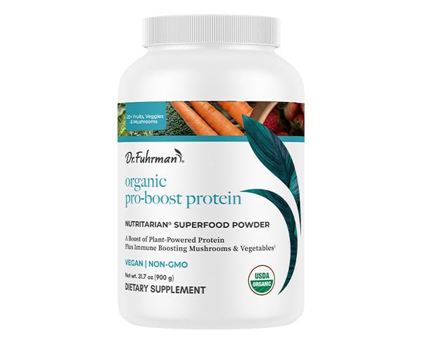 Dr. Fuhrman Pro-Boost Superfood Powder, Certified Organic, z Pea in Hemp Protein, Flax in Chia Semena, 10 Izvlečki gob, Vanilla Flavor, 60 Serving, Vegan