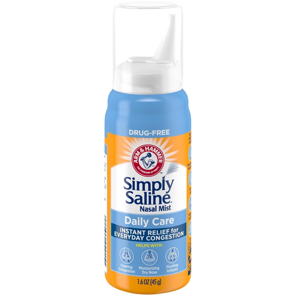 ARM & HAMMER Preprosto Saline Dnevna nega Nazal Mist, brez zdravila ne-zamotane Saline Spray za Instant Nasal Congestion in alergija Relief, Uporabite tako pogosto, kot je potrebno, Primeren za uporabo, če noseča, 1.6 oz