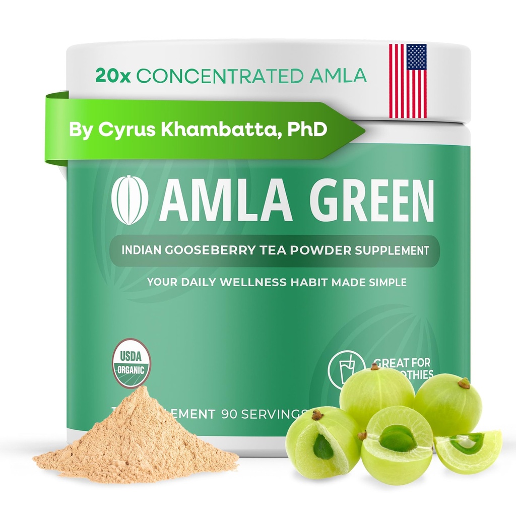 Amla Powder & Green Tea Superfood Supplement, 20x Ultra Concentrated Amla, Antioksidant Podpora, Izdelano z Oolong čaj in indijskih kosmulj, Organic, Vegan, Classic Flavor, 90 Servings
