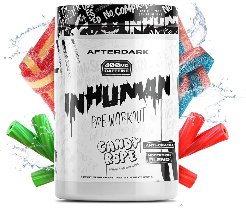 AFTERDARK INHUMAN pred treningom prašek, okrepljena miselno-mišična povezava, trajna energija, močna nootropna mešanica, Vegan, Gluten-free, Soy-free, 400mg kofein, brez Crash, Candy Rope