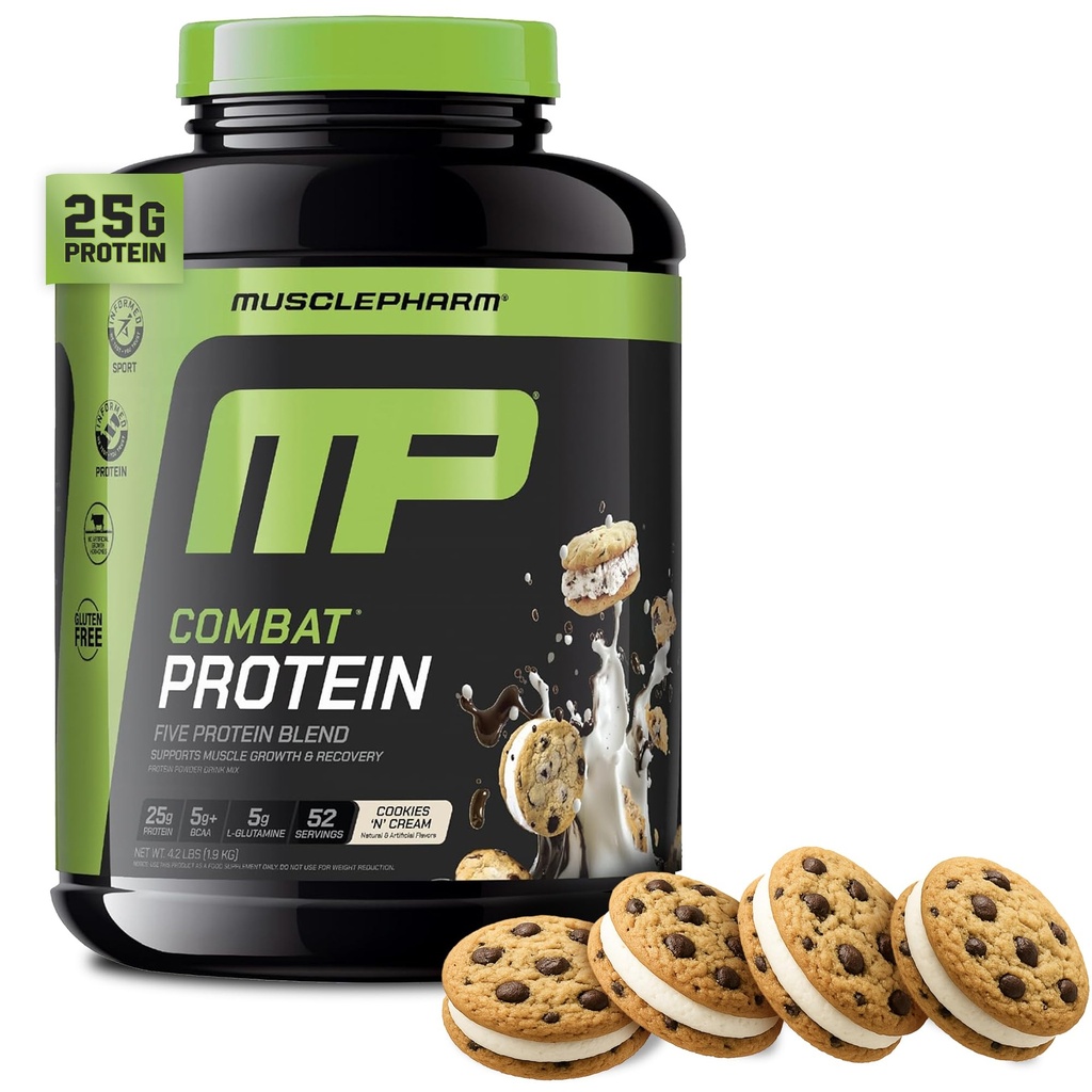 MusclePharm Combat Protein Powder, Cookies N krema aroma, gorivo mišičevje za produktivno obdelavo, 5 beljakovinskih virov, vključno z izolatom sirotkinih beljakovin in jajčni albumin, gluten brez, 4 lb, 52 servov