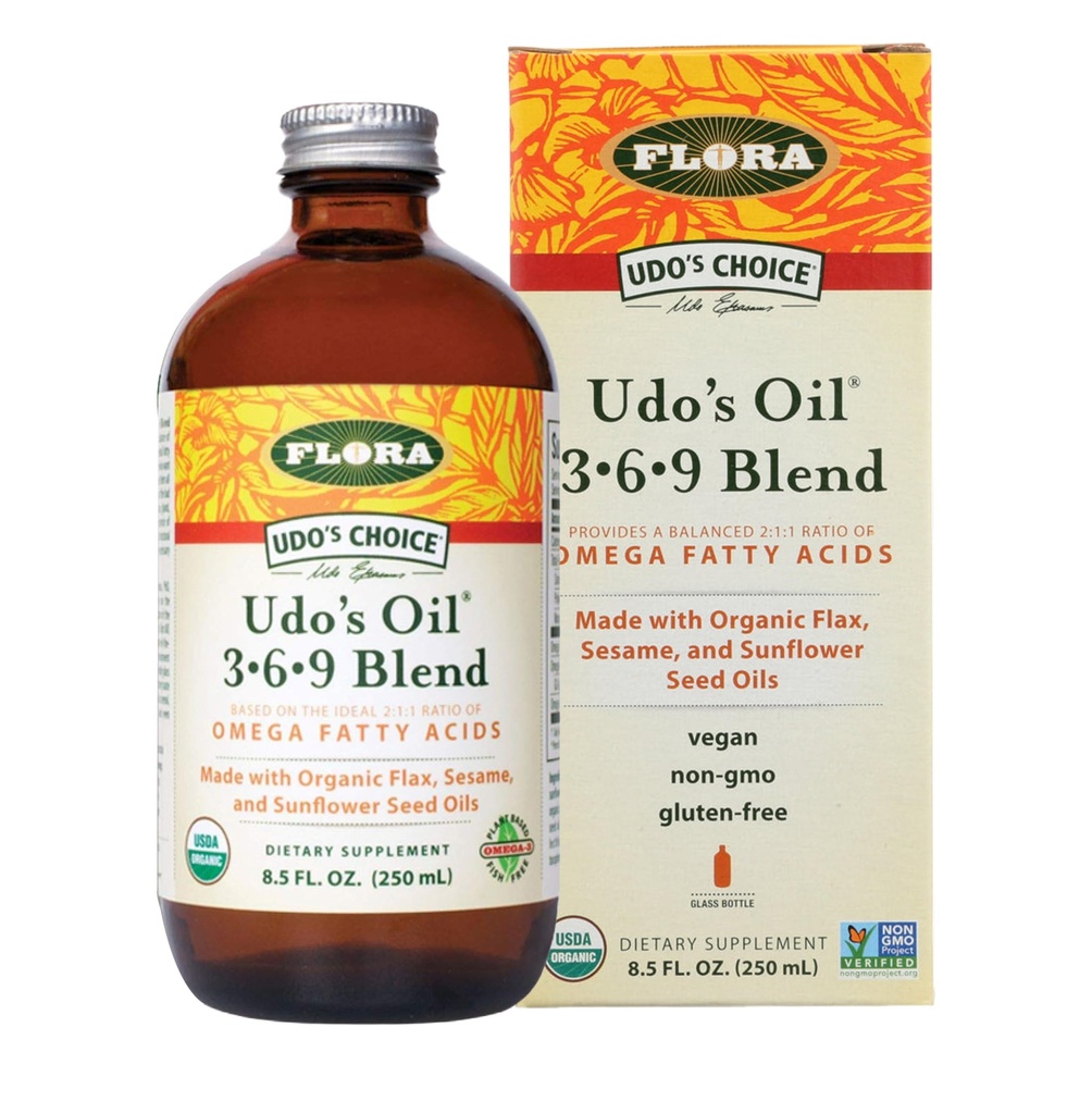 Flora - Udo's Choice Omega 369 Naftna mešanica, izdelana z organskim lanom, Sezamom in sončničnim semenom, rastlinsko osnovane veganske omega maščobne kisline, Na osnovi ideala 2:1:1 Razmerje, 8,5-fl. oz. Steklenica