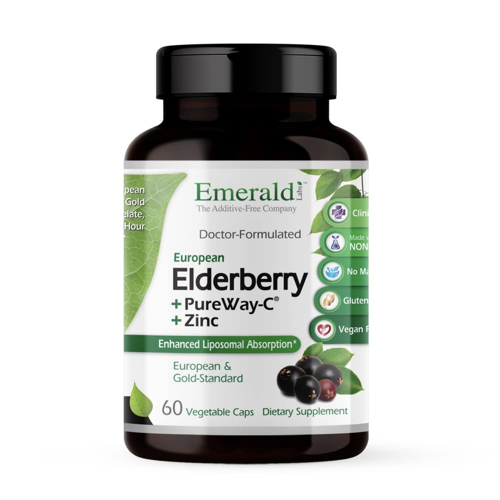 EMERALD LABS Elderberry Plus - Prebavna in Imunska podpora z evropskim izvlečkom borovnic, vitamin C kot PureWay-C & Albion kelirani cink - Vegan & Gluten-free - 60 zelenjavnih kapsul (30-dnevna zaloga)
