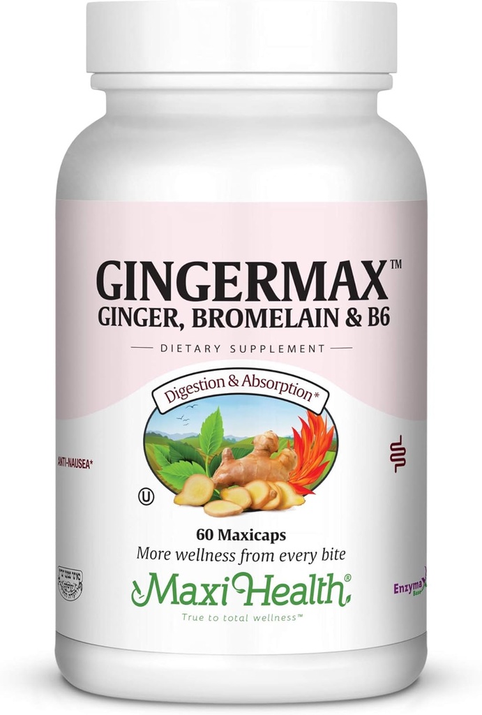 Maxi Health Gingermax - ingver - bromelain in vitamin B6 - Prebava zdravje - 60 kapsul - Košir