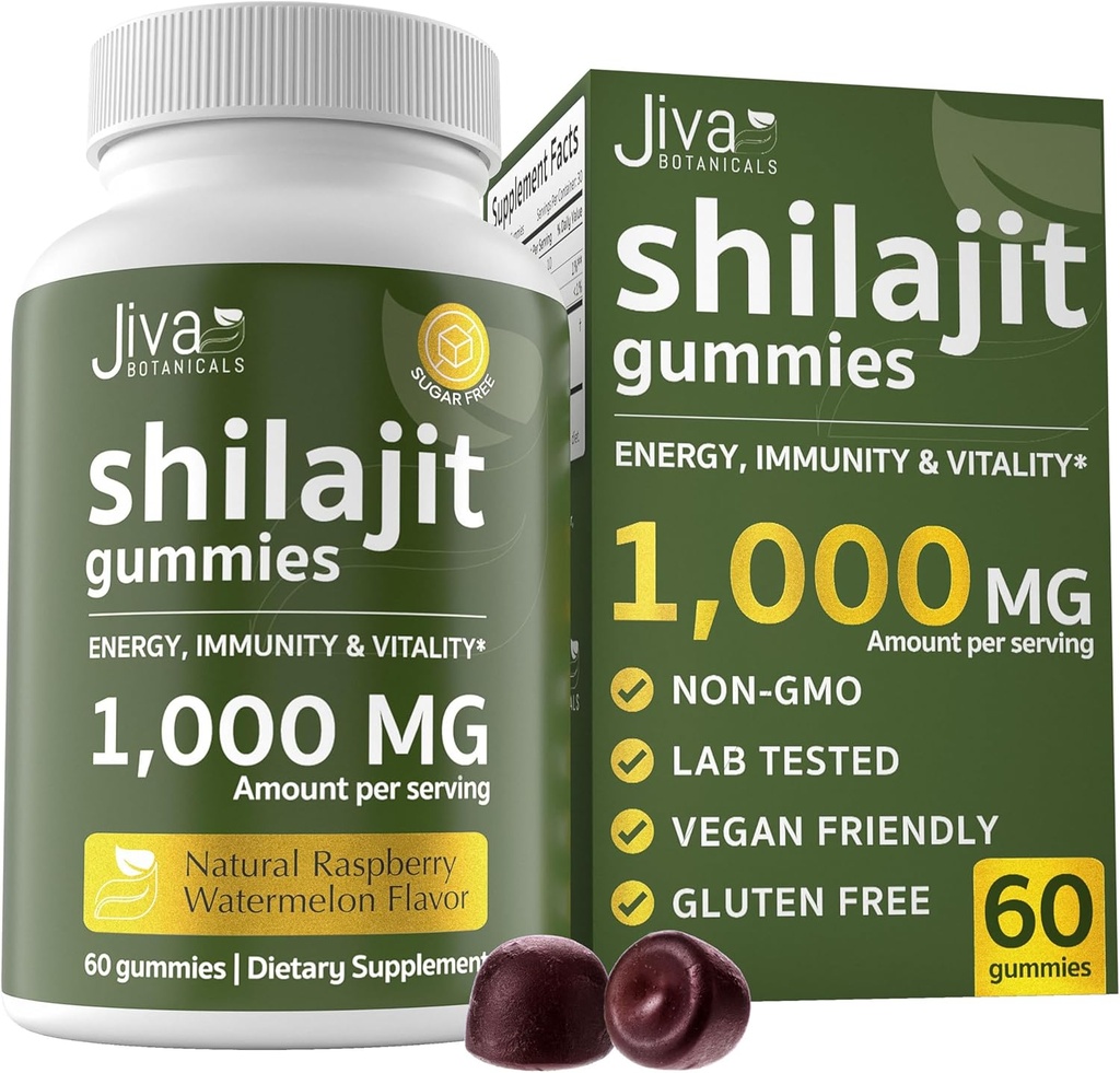Jiva Botanicals Pure Shilajit iz Himalaje Gummies za moške in ženske - Shilajit Gummies 1000mg za zdravo staranje, imunski sistem in normalno energetsko podporo - Sugar-free, Vegan, 60 Število (Pack of 1)