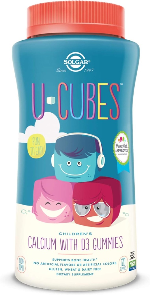Solgar U-Cubes Otroški kalcij z vitaminom D3, 120 Gumijev - Jagodna aroma - Podpira zdravje kosti in zob - Brez GSO Gluten, Mlečni brez - 60 Serving
