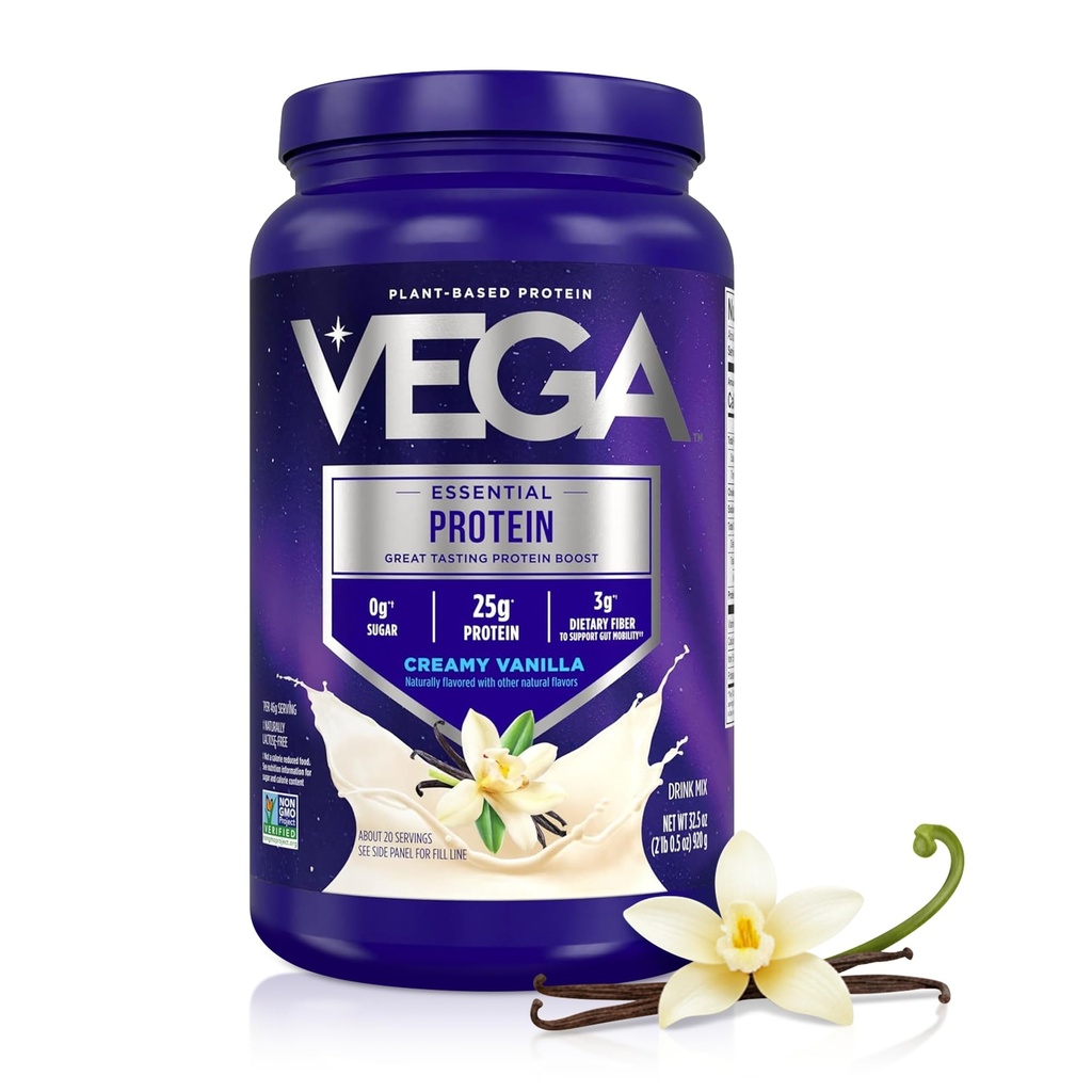 Vega Original Essential Protein - 25g Nasadne beljakovine, Kremna vanilja, 20 Servinga, Veganska ne-GMO pijača Mix, Smoothie & Shake Ready, Gluten Free, Dairy Free, 32.5oz (Packaging May Vary)