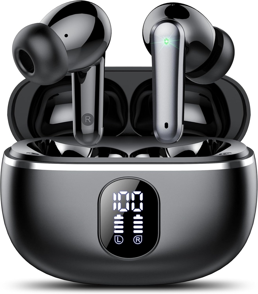 Brezžične slušalke, Bluetooth 5.3 Slušalke Big Bas Stereo, Slušalke z mikrofonom Prekliči Mic LED zaslon, v ušesnih slušalkah IP7 vodoodporna, 50H Predvajanje za šport, Črna