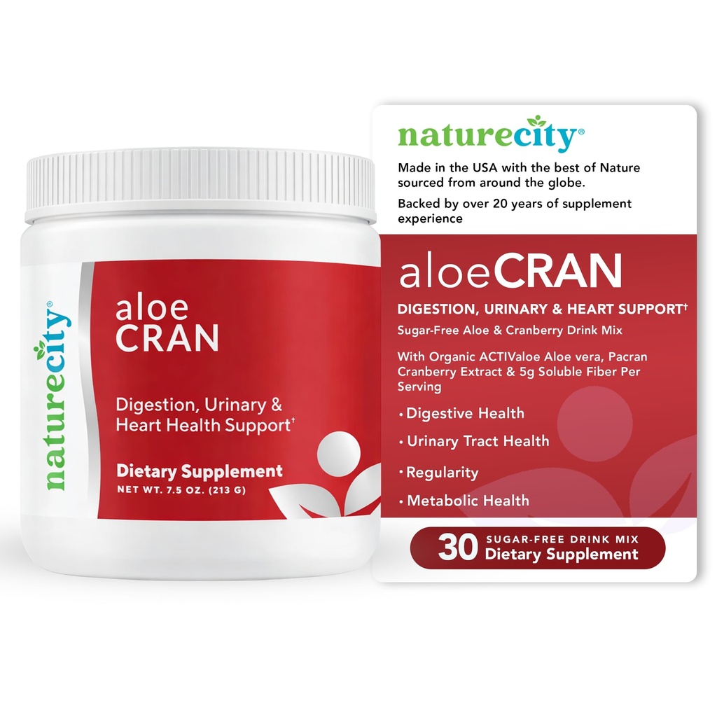 NaravaCity AloeCran - Pure Aloe Vera Mešanica z brusnico v prahu dodatek - Sladkor brez Fiber Combo Mix za prebavne in urina zdravje - Gut & Metabolic Health Support - 30 dni dobave