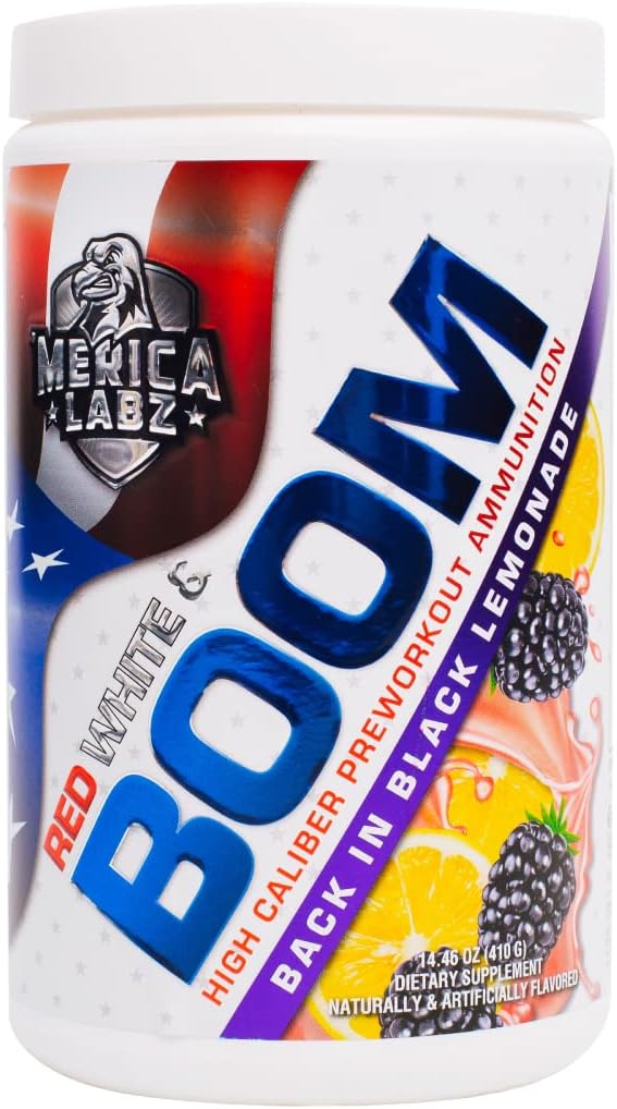 Merica Labz rdeča, bela in bum, visoka Caliber Pre Workout z VasoDrive-AP®, 350mg kofein, Max Energy, Črpalka in fokus, Povečan pretok krvi in volumen mišic, 20 Serving (Nazaj v črni limonadi)